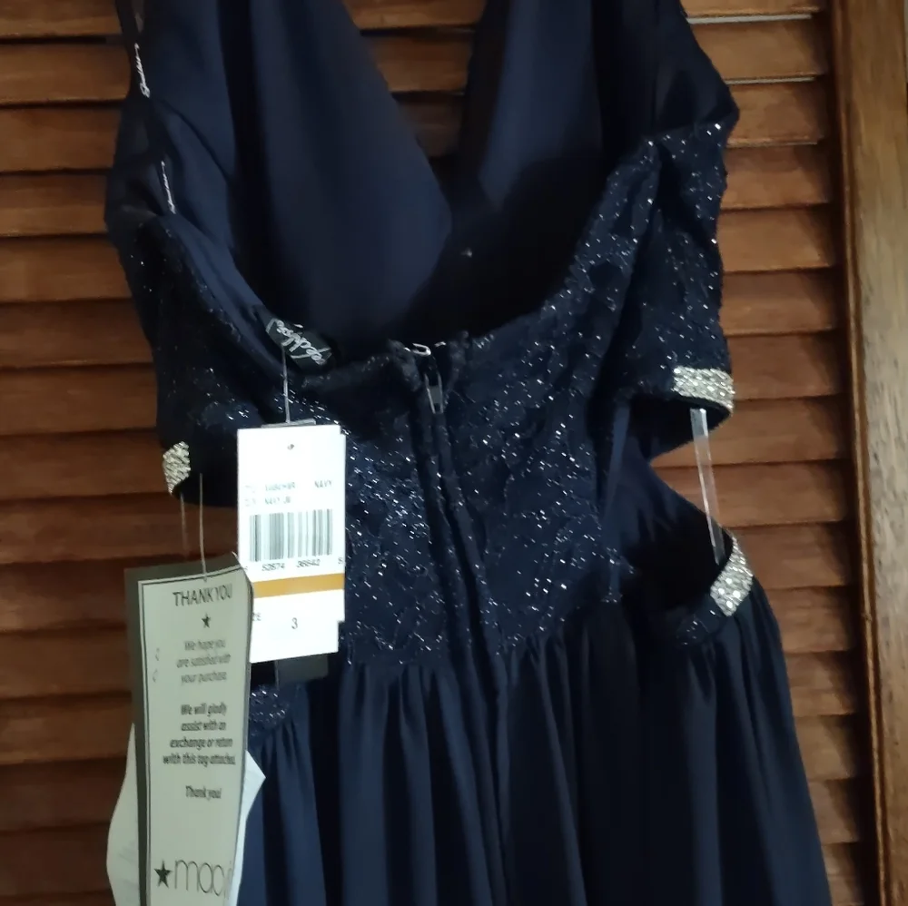 Navy Blue Long Halter top Evening gown, Sequin - Picture 3 of 10